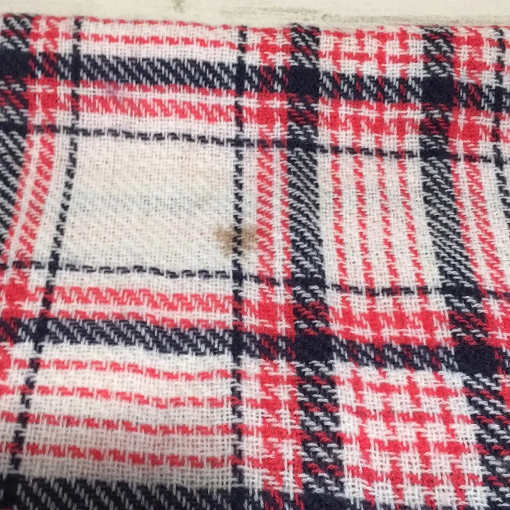 Woman’s lightweight pink navy white plaid infinity scarf with frayed edges